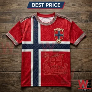 Norway flag themed sports t-shirt with Viking ship motif