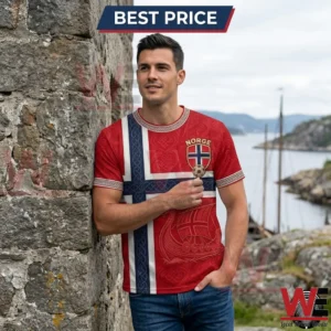 2026 FIFA World Cup Norway Football Viking Ship Celtic Flag T-Shirt 5 Man wearing a Norway-themed t-shirt with Viking ship print.