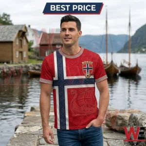 2026 FIFA World Cup Norway Football Viking Ship Celtic Flag T-Shirt 6 Man wearing a Norway flag themed t-shirt with Viking ship graphics