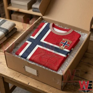 2026 FIFA World Cup Norway Football Viking Ship Celtic Flag T-Shirt 7 Folded Norway national flag themed long-sleeve shirt inside a shipping box