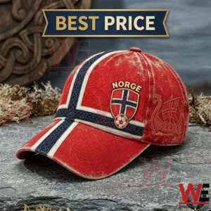 Norway flag themed baseball cap with Viking ship design and soccer emblem.