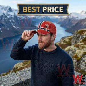 2026 FIFA World Cup Norway Football Viking Ship Celtic Knot Flag Cap 4 Man wearing a red Norwegian flag baseball cap against a scenic mountain fjord landscape.