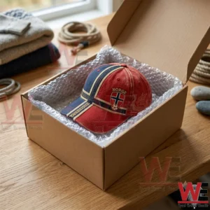 2026 FIFA World Cup Norway Football Viking Ship Celtic Knot Flag Cap 5 A red and blue baseball cap featuring a Norwegian flag emblem and Viking ship motif packed in a cardboard box.