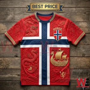 A red t-shirt featuring a Norse-inspired design with a Norwegian flag cross, dragons, a Viking ship, and a crest.