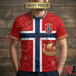 2026 FIFA World Cup Norway Football Viking Ship & Dragons Celtic Flag T-Shirt 4 Man wearing a Norway-themed t-shirt with dragon and Viking ship designs.