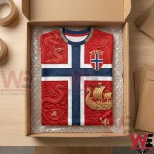 2026 FIFA World Cup Norway Football Viking Ship & Dragons Celtic Flag T-Shirt 5 Folded t-shirt with Norse Viking and Norway flag embroidery design inside a shipping box