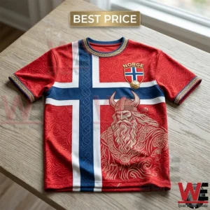 Norway flag themed t-shirt featuring a Viking warrior graphic and Norse patterns