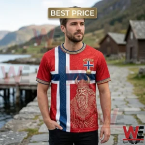 2026 FIFA World Cup Norway Norge Football Viking Warrior Celtic Knot Flag T-Shirt 4 Man wearing a Norway flag t-shirt with Viking graphic