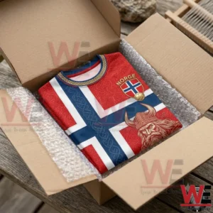 2026 FIFA World Cup Norway Norge Football Viking Warrior Celtic Knot Flag T-Shirt 5 Norway flag inspired apparel in a shipping box
