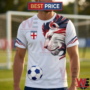 2026 FIFA World Cup UK Football Lion Embroidered Casual Unisex T Shirt 4 A man wearing a white England soccer t-shirt with a lion design and football graphic.