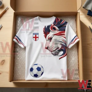 2026 FIFA World Cup UK Football Lion Embroidered Casual Unisex T Shirt 5 England national football team themed t-shirt featuring a lion graphic in a cardboard shipping box.