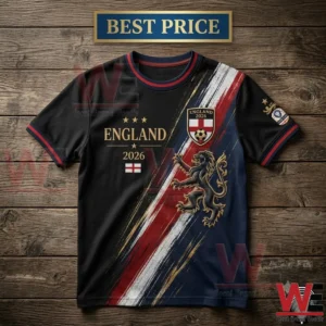 England 2026 soccer-themed t-shirt with lion emblem and red, white, and blue stripe design.