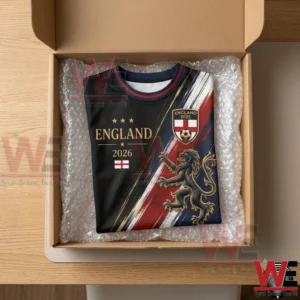 2026 FIFA World Cup UK Football Lover England T-Shirt 5 England 2026 soccer themed t-shirt inside a cardboard shipping box
