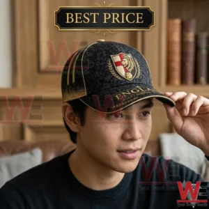 2026 FIFA World Cup UK Football Lover Hat 4 Man wearing a black and gold England soccer baseball cap with lion crest