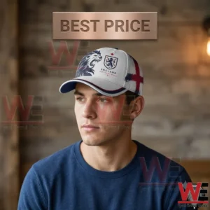 2026 FIFA World Cup UK Football Lover Hawaiian Design Hat 4 A man wearing a white baseball cap featuring the England national football team emblem and lion mascot.