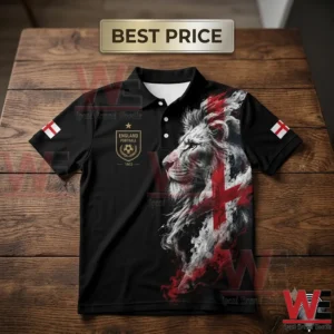 Black polo shirt featuring a lion illustration and England football design