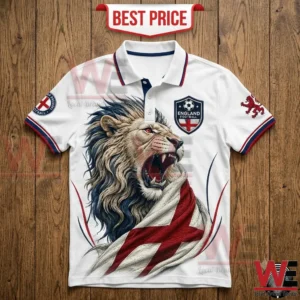 England National Football Team themed white polo shirt with a lion and flag graphic