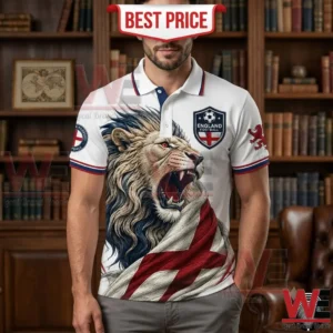 Man wearing a white polo shirt with an England lion and flag design