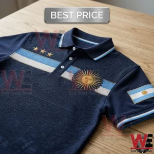 Navy blue polo shirt featuring Argentina national team theme with sun emblem and three gold stars
