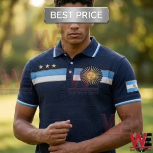 2026 FIFA World Cup Vamos Argentina Football Lover Art T-Shirt 4 Man wearing a navy blue Argentina soccer-themed polo shirt with gold embroidery