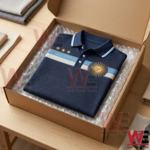 2026 FIFA World Cup Vamos Argentina Football Lover Art T-Shirt 5 Navy blue polo shirt with Argentina-inspired embroidery in a shipping box