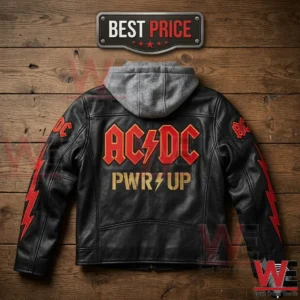 ACDC PWR UP 2026 Leather Jacket 5 Back view of a black leather AC/DC PWR UP band hoodie with red lightning bolt accents on a wooden background