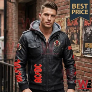 ACDC PWR UP 2026 Leather Jacket 6 A man wearing a black leather jacket with AC/DC band logos and a gray hoodie lining.