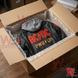 ACDC PWR UP 2026 Leather Jacket 7 AC/DC PWR UP leather hoodie in a shipping box