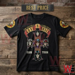 Black Guns N' Roses band t-shirt with 2026 tour skull graphic