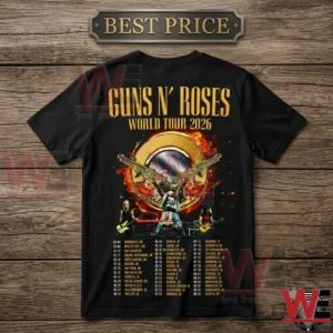 Guns N' Rose 2026 World Tour All Over T-Shirt 5 Black Guns N' Roses 2026 world tour t-shirt with concert dates on the back.