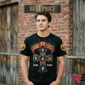 Guns N' Rose 2026 World Tour All Over T-Shirt 6 Man wearing a black Guns N' Roses band t-shirt with skull artwork