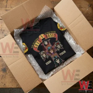 Guns N' Rose 2026 World Tour All Over T-Shirt 7 Guns N' Roses 2026 Tour black graphic t-shirt in cardboard shipping box