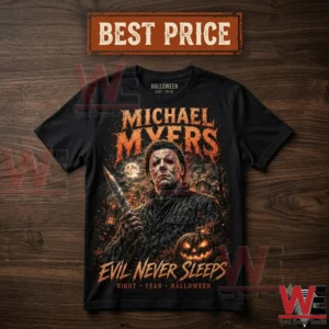 Black t-shirt featuring Michael Myers from the Halloween film franchise.