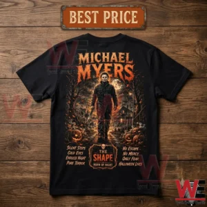 Black t-shirt featuring a detailed Michael Myers Halloween horror graphic illustration