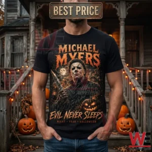 Man wearing black Michael Myers graphic t-shirt with horror theme