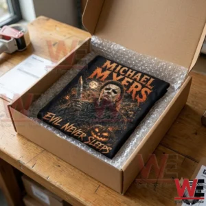 Black Michael Myers horror movie themed t-shirt in a cardboard shipping box