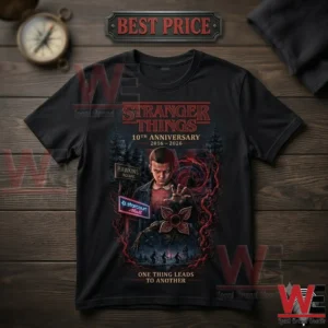 Black Stranger Things 10th anniversary graphic t-shirt featuring Eleven and a Demogorgon