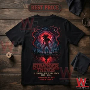 Stranger Things 10th Anniversary Upside Down Hawskin Fan Shirt 4 Stranger Things 10th anniversary graphic t-shirt featuring the Demogorgon and Upside Down